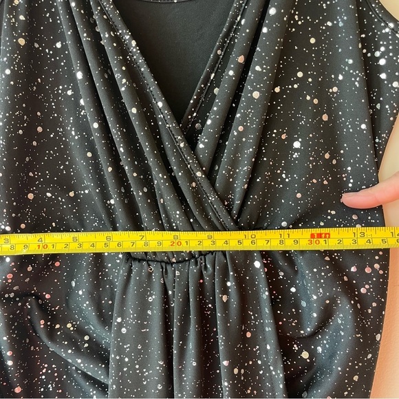 Black Sparkle Bodycon Midi Dress L Faux Wrap Gold Chain Straps, NYE Holiday Glam - Picture 7 of 10